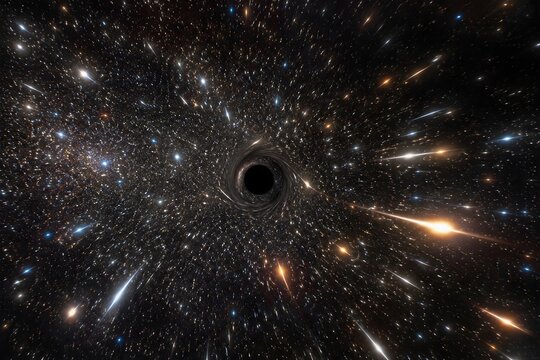 Rogue Black Hole Wandering Through Star Cluster Scattering Stars Via Gravitational Slingshots Space Background View