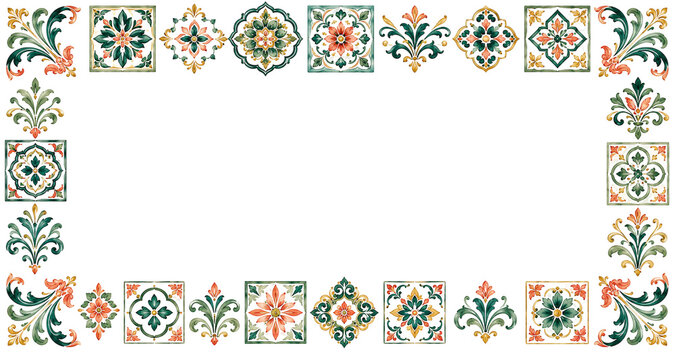 Watercolor Mediterranean Azulejo Ceramic Tile Frame Border, Elegant Green and Orange Sicilian Mosaic Decorative Frame Template Isolated on Transparent Background
