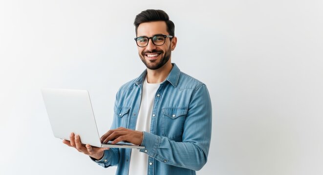 Happy Young Professional Man with Glasses Using Laptop Computer Isolated on White Background