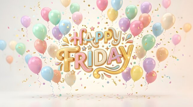 Colorful balloons with Happy Friday text and confetti celebration