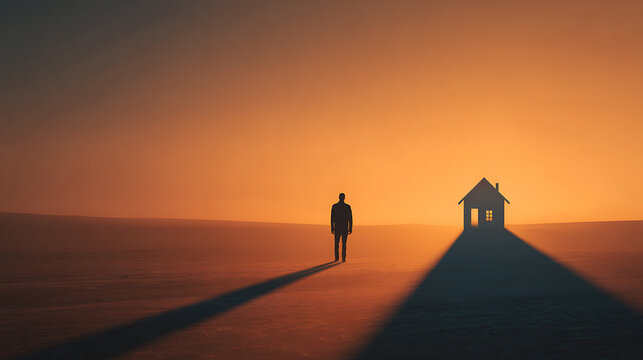 Lone figure facing a distant house at sunset symbolizes homesickness, belonging and emotional distance. Minimal conceptual landscape explores migration, hope, loneliness and mental health