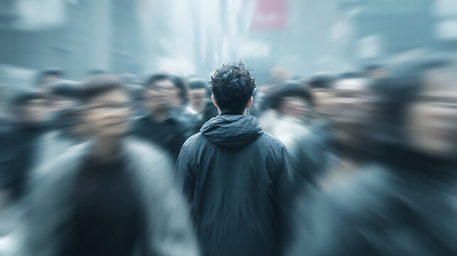 Conceptual mental health image about immigration and relocation, showing a lonely newcomer surrounded by a blurred crowd, symbolizing anxiety, isolation, adaptation and resilience