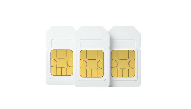 Trio of white SIM cards, gold chip showing, on black background