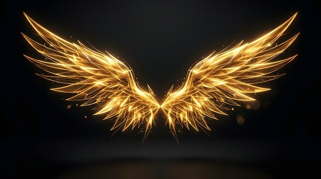 Golden angel wings with glowing light on dark background