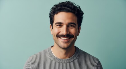 Obraz premium Handsome smiling young man with mustache and curly hair wearing a grey sweater against a teal background