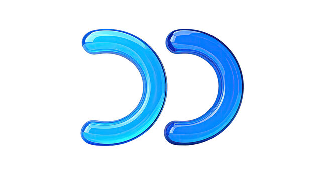 3d icon, two blue glass curly brackets on a white background, front view, 2d illustration, simple design, cute