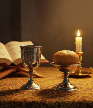 Silver Chalice and Paten with Communion Bread, Lit Candle and Open Bible on Altar in Warm Golden Light with Copy Space
