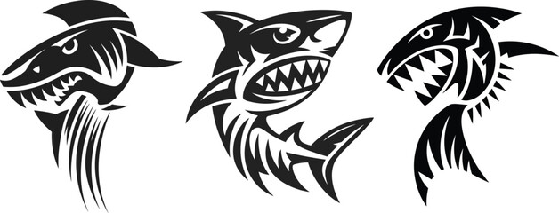 Fototapeta premium Vector illustration set of three angry aggressive shark mascots in black tribal tattoo style isolated on white background