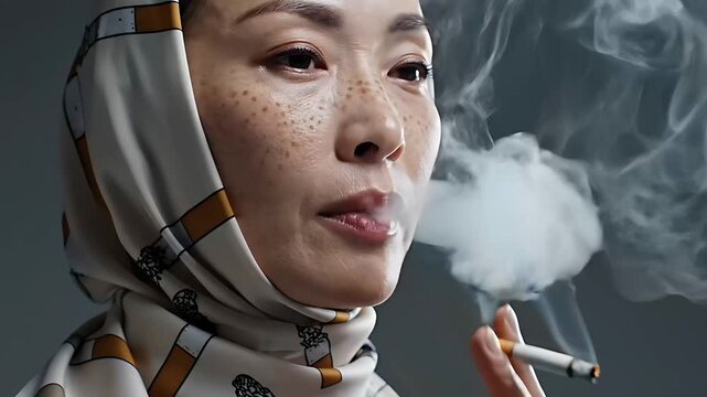 Asian woman with freckles wearing a headscarf smoking a cigarette. Portrait of a middle-aged woman exhaling smoke. Smoking addiction concept, ideal for anti-tobacco campaigns and social awareness.