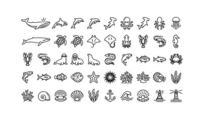Minimal Ocean Wildlife Outline Icons with Marine Animals and Sea Creature Black Line Vector Pack © Md