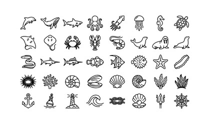 Professional Marine Life Line Icon Collection with Ocean Animals Sea Creatures and Black Vector Symbols © Md