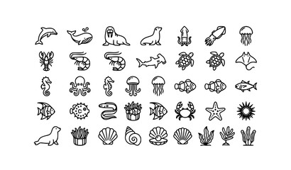 Minimal Ocean Wildlife Outline Icons with Marine Animals and Sea Creature Black Line Vector Pack © Md