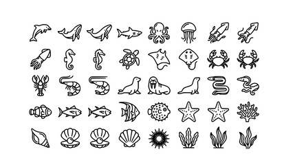 Ocean Animal and Marine Life Black Line Vector Icons Collection with Sea Creature Wildlife Set © Md
