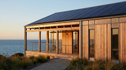 Fototapeta premium Solar timber oceanfront modern house with rooftop solar panels overlooking the sea during a golden sunset