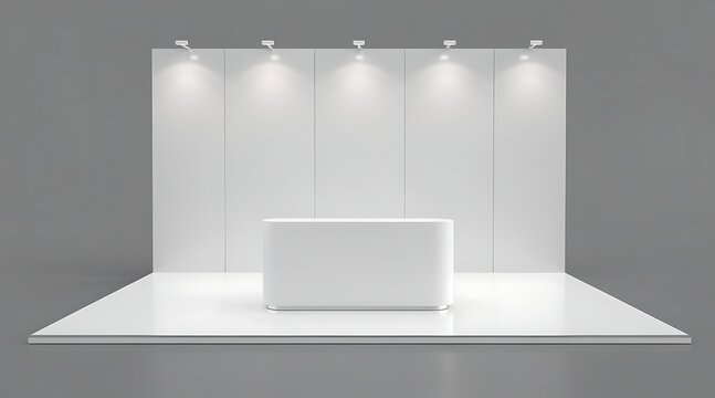 Modern exhibition booth with lighting and counter, clean white design for trade shows.