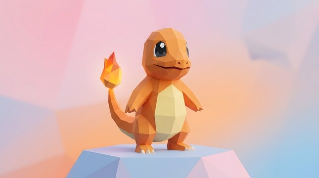 Low poly 3D character with flame tail on geometric background