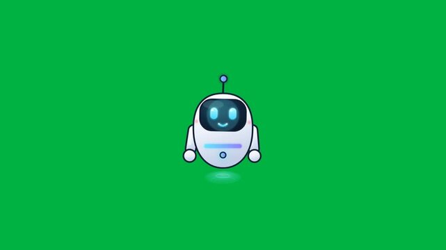 Futuristic cute artificial intelligence robot teleporting in and out via light beam on green screen