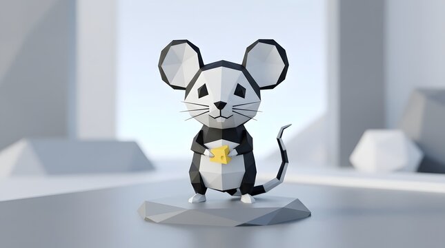 Cute low-poly mouse holding cheese in geometric 3D style