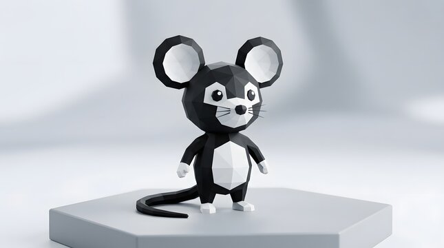 Low poly 3D model of a cute cartoon mouse on a geometric platform