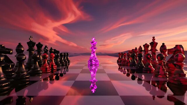 Glowing purple crystal chess king standing on a reflective chessboard at sunset. Surreal game board landscape with pieces under a dramatic sky. Strategy and leadership concept for business marketing.