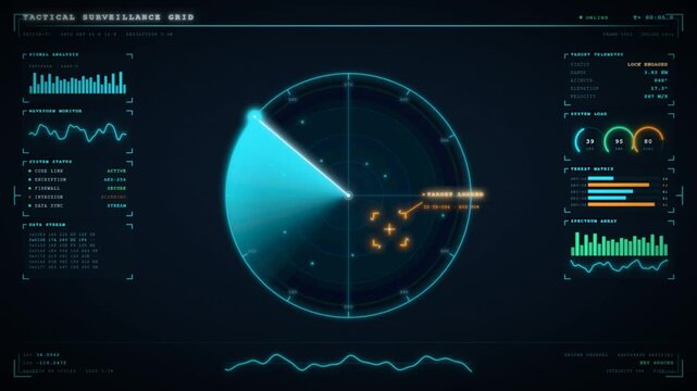 Futuristic tactical surveillance radar scanning and locking onto target coordinate