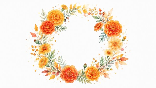 水彩画風の鮮やかなオレンジ色の花リース 白い背景に描かれたマリーゴールドと葉の装飾
