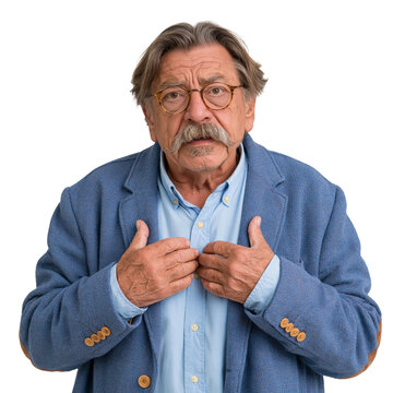 Portrait of a surprised senior man pointing to himself isolated on transparent or white background, png
