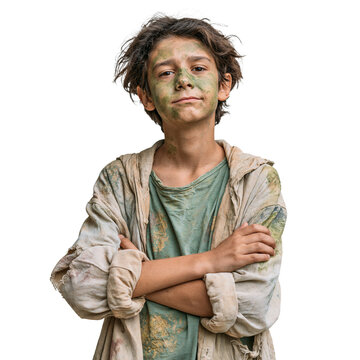 Portrait of a boy with dirty face and clothes, arms crossed isolated on transparent or white background, png