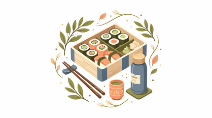 Colorful sushi set with chopsticks and soy sauce illustration. © nata