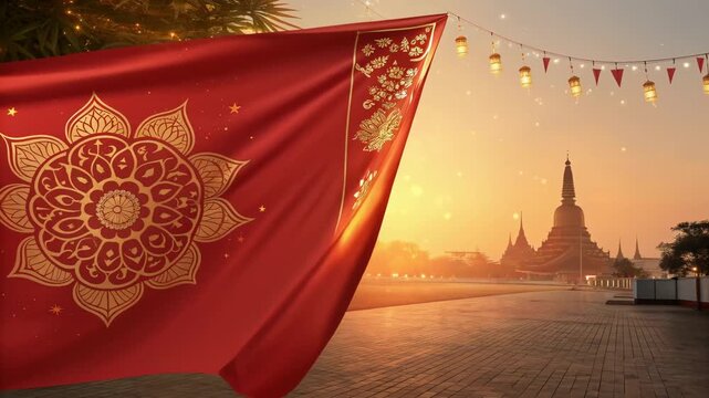 Red fabric with intricate thai gold patterns waves gently near temple silhouette at sunset with glowing lanterns in warm festive atmosphere