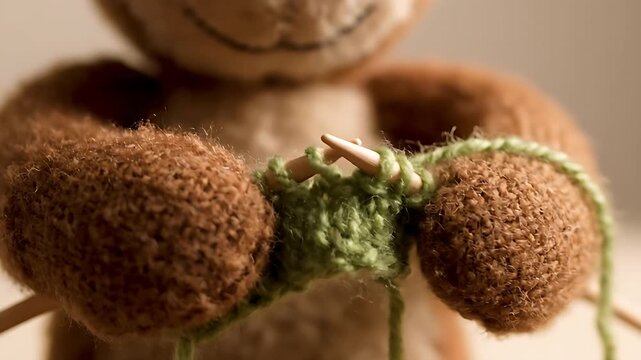 Teddy bear toy knitting green yarn with wooden needles. Plush animal paws engaged in a creative needlework craft project. Handmade hobby and cozy leisure concept for DIY craft marketing.