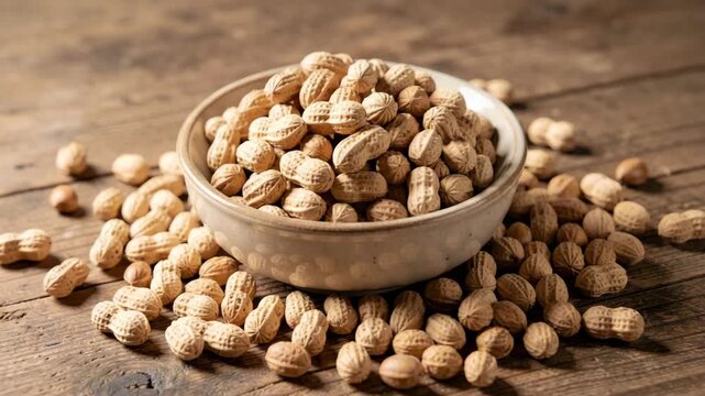 A bowl filled with peanuts sitting on top of a wooden surface.