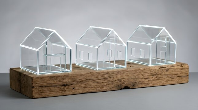 Glass house models on oak showcasing modern professional aesthetic detailed macro photography