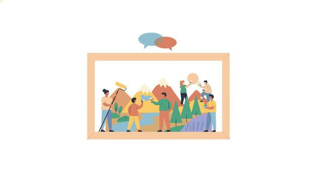 Creative team collaboration working together to paint a colorful landscape illustration symbolizing teamwork and shared artistic goals.