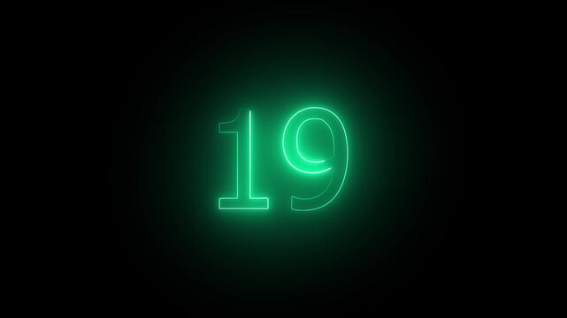 Number 19. Neon Futuristic Effect. Trendy Glow Lighting. 4K Video Animation