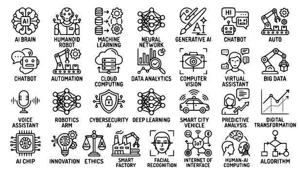 AI Revolution Editable Stroke Thin Line Icons Set for Artificial Intelligence and Digital Innovation