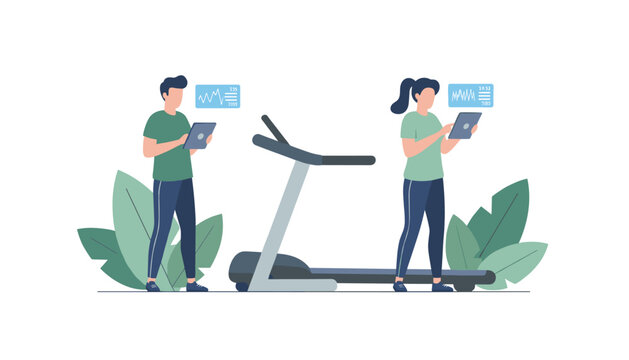 People using treadmills while checking fitness progress on digital tablets for health tracking and workout data during exercise sessions.