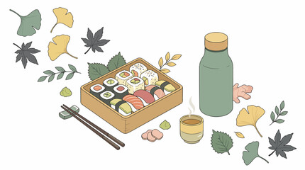 Colorful sushi bento box with tea and autumn leaves. © Jem