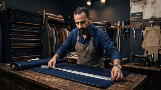 Male Tailor Measuring Blue Fabric with Ruler at Wooden Workbench