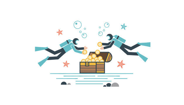 Scuba divers exploring the ocean floor and discovering an old wooden treasure chest filled with gold coins while swimming underwater.