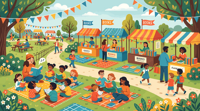 Colorful outdoor community fair with children and families.