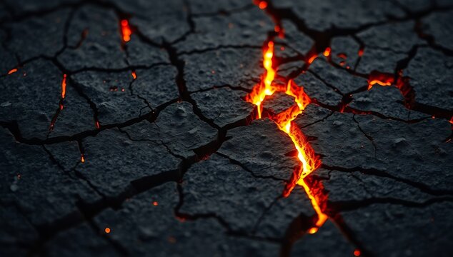 Molten magma flowing through cracked dark volcanic rock surface