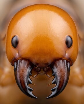 Frontal extreme macro portrait of Jerusalem cricket showing uncanny human-like head
