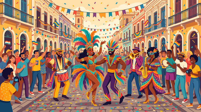Colorful street carnival celebration with dancers and crowd.