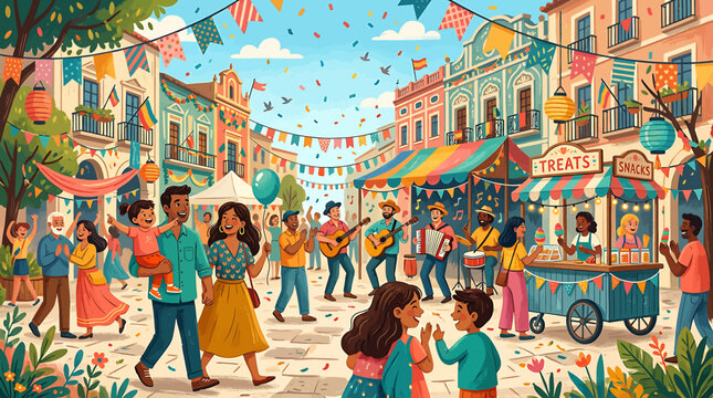 Colorful street festival with joyful crowd and decorations.