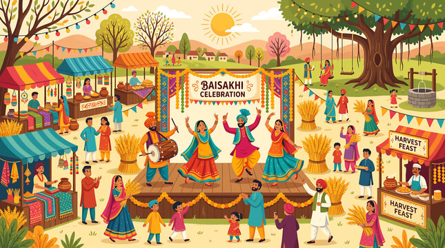 Colorful village fair with traditional dance and celebration.