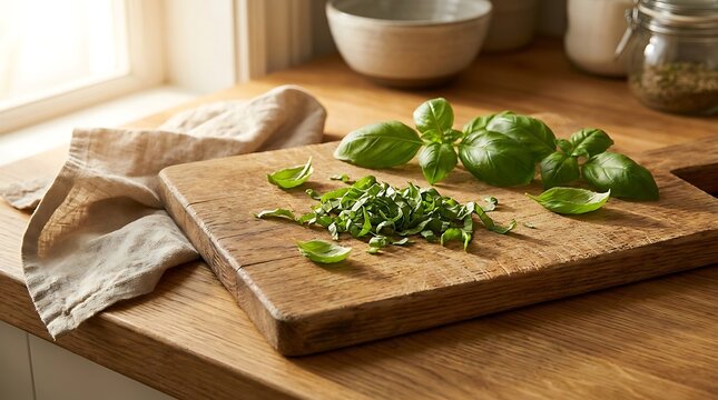 Chiffonade of fresh green basil leaves prepared on a rustic wooden cutting board for culinary cooking in a home kitchen setting with warm soft lighting