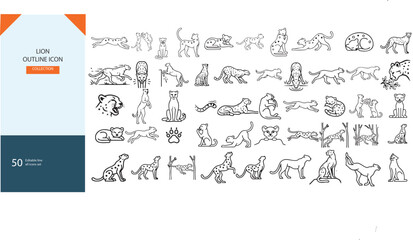 Lion outline icon set, 50 premium vector line art lion icons, minimalist wild cat animal silhouettes, black stroke feline graphics for logo design © Bilal