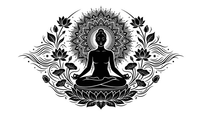 Meditation Lotus Pose Black Silhouette Vector with Mandala Halo, Lotus Flowers and Peaceful Energy Lines, Symmetrical Yoga Design, Isolated on White Background