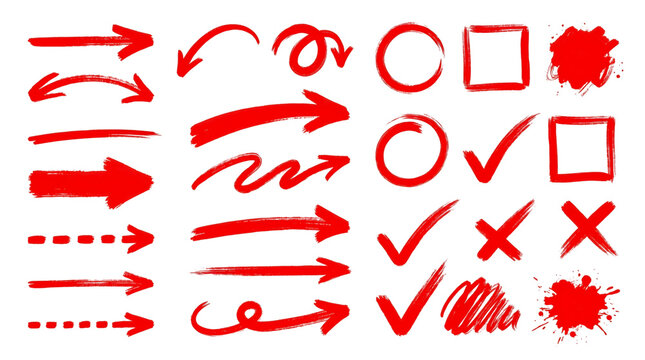 Red Marker Arrows Checkmarks and Shapes Set PNG
